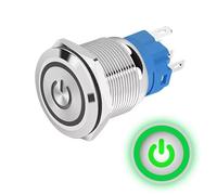 Bouton poussoir Momentané 16mm 12V-24V DC 4A, Logo alimentation Vert, interrupteur lumineux LED en métal, étanche avec joint caoutchouc, pour électrique et électronique