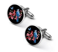 Boutons de manchette amusants imprimés avec un geai bleu, un cardinal et un papillon, pour hommes et femmes.