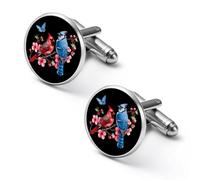 Boutons de manchette amusants imprimés avec un geai bleu, un cardinal et un papillon, pour hommes et femmes.
