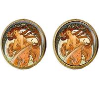Boutons de manchette Art Nouveau, belle dame peinture boutons de manchette, bijoux Alphonse Mucha, bijoux Mucha, bijoux Art Déco, 16, Verre, Amazonite
