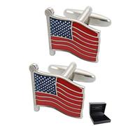 Boutons de Manchette - Avec Boîte - Pour Homme Américains - Drapeau des Etats-Unis - Laiton - Couleur Argent, Bleu et Rouge - Amérique USA - Une Paire