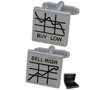 Boutons de Manchette - Avec Boîte - Pour Homme Couleur Argent - Buy Low, Sell High - Laiton - Couleur Argent et Noir - Carré - Agent de Change Banquier - Une Paire