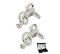 Boutons de Manchette - Avec Boîte - Pour Homme Musique - Clé de Sol - Parfait Pour Les Amateurs de Musique - Laiton - Couleur Argent - Prof Chanteur Violon Piano DJ - Une Paire