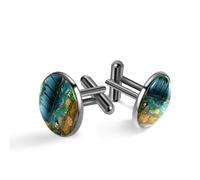 Boutons de manchette classiques noirs pour homme, motif forêt avec tortues et poissons au bord de l'étang pour costume, chemise, mariage, affaires, cadeau d'anniversaire