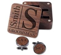 Boutons de manchette de mariage personnalisés pour homme, boutons de manchette en noyer noir pour marié, témoin, cadeau pour papa, mari avec boîte à boutons de manchette, nom personnalisé et date,