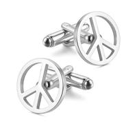 Boutons de manchette en acier inoxydable avec symbole de paix pour homme - Bijou hippie - Smoking - Pour fête, mariage, marié, affaires (Argent)