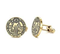 Boutons de manchette Médaille de Saint Benoît de San Benito en acier inoxydable Chapelet catholique Exorcisme Protection chrétienne Bijoux cadeaux pour homme (Or)