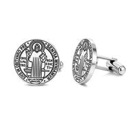 Boutons de manchette Médaille de Saint Benoît de San Benito en acier inoxydable - Chapelet catholique - Exorcisme - Protection chrétienne - Bijoux cadeaux pour homme, One Size, Acier inoxydable, Pas