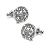 Boutons de manchette médaille Saint Benoît Boutons de manchette San Benito Croix Saint Amulette Bijoux catholiques Cadeau religieux pour chemise Accessoires (Argent)