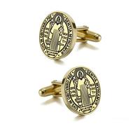 Boutons de manchette médaille Saint Benoît Boutons de manchette San Benito Croix Saint Amulette Bijoux catholiques Cadeau religieux pour chemise Accessoires (Or)