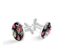 Boutons de manchette personnalisés en argent motif tête de mort avec fleur pour chemise de smoking, 20mm*20mm, Acier inoxydable, Quartz synthétique