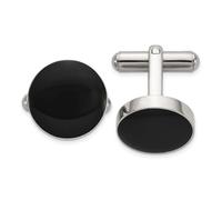 Boutons de manchette pour homme en acier inoxydable poli avec centre émaillé noir 15 mm