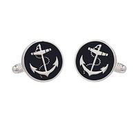 Boutons de manchette ronds noirs avec motif ancre de bateau présentés dans une boîte en onyx Art, Argenté., taille unique