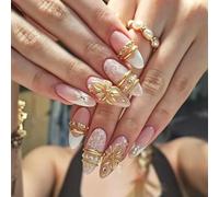 Bouts d ' ongles artificiels brillants avec décorations dorées | Feuille à onglets adhésifs incluse, composants de manucure préparés, contenu complet pour la première application