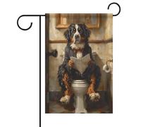 Bouvier bernois assis sur les toilettes et lisant un drapeau journal extérieur jardin populaire design moderne décoratif style taille unique