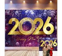 Bovlleetd 1,5x1m Fond de célébration de Bonne Nouvelle année 2026 scène d'or Salutation Multicolore Feux d'artifice Flocon de Neige Fond pour la Veille du Nouvel an fête Photo Cabine Accessoires