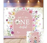 Bovlleetd 1,8x1,2m Fond d'anniversaire Little Miss Onederful Cadre Floral Pastel, Fleurs Aquarelle Papillons Paillettes d'or, Thème Premier Anniversaire Fille, Accessoires de Studio Photo