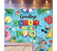 Bovlleetd 1,8x1,2m Fond de Scène Été Goodbye School Hello Pool Accessoires Flotteur Piscine Plage Décor Lettres Colorées Thème Vacances Fin d'École Accessoires Studio Photo