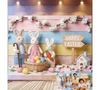 Bovlleetd 1,8x1,2m Fond de Scène Lapin Pâques Pastel Décor Famille Lapin Peluche Panier d'Œufs Signe Joyeuses Pâques Accessoires Maison Mini Thème Printemps Pâques Accessoires Studio Photo