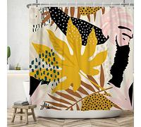 Bovlleetd 152x183cm Or Feuille D'éRable Rideau De Salle De Bain Art Abstrait BohèMe Mi-SièCle Rideaux De Douche Rose Gris Plante Feuilles pour DéCor De Bain