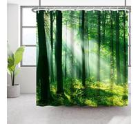 Bovlleetd 180x180cm Rideau De Douche ForêT Matin - LumièRe du Soleil, Impression 3D Paysage Forestier, Naturel, Vert, éTanche pour Salle De Bain