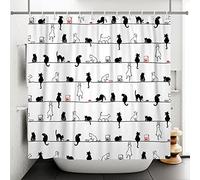 Bovlleetd 180x200cm Dessin animé Chat Rideaux de Douche Drôle Chat Noir et Blanc sur la Corde Rideau de Douche Imperméable Baignoire Art Rideau Simple Rideau de Salle de Bain avec Crochets