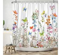 Bovlleetd 180x200cm Lapins Rideau De Douche Couleur Élégant Fleurs Salle De Bains Rideau Bleu Vert Rose Jaune Papillon Rideaux De Douche Imperméable Rideau De Baignoire