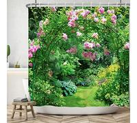 Bovlleetd 180x200cm Paysage d'été Rideau de Douche 3D Forêt Cabine Rideaux de Douche Plante Verte Rose Fleurs Salle de Bains Rideau Guirlande Arche Bain Rideau Imperméable Rideau De Baignoire