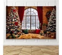 Bovlleetd 2,2x1,5m Arrière-Plan Scène Enneigée Hivernale de Noël Rideaux Rouges Sapin de Noël Enneigé Cadeau Coussin Déco Arrière-Plan Bannière Décoration pour Fête de Noël