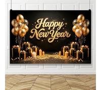Bovlleetd 2.5x1,8m Arrière-Plan Nouvel an Ballons Noir-Or Boîte-Cadeau Bougies Paillettes Arrière-Photo Décoration fête hivernale Saint-Sylvestre pour photomaton décoration Murale