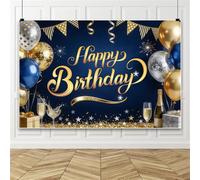 Bovlleetd 2.5x1.8m Fond de fête d'anniversaire à Ballons Bleu, Argent et Or Grande bannière à Paillettes et étoiles d'anniversaire Fond de fête d'anniversaire pour décoration Enfant et Adulte