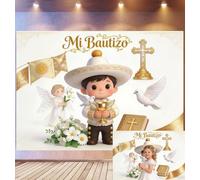 Bovlleetd 2,5x1,8m Fond de Scène Baptême Mi Bautizo Style Mexicain Décor Figurine Tenue Charro Croix d'or Accessoires Ange Colombe Thème Baptême Festif Accessoires Studio Photo