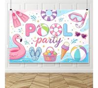 Bovlleetd 2.7x1.8m Arrière-Plan de Photographie de Fête de Piscine Pastel Arrière-Plan d'eau d'Été Flamant Rose Ballon de Plage Tongs & Glace pour Anniversaire Décoration de Cabine de Fête de Piscine