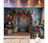 Bovlleetd 2,7x1,8m Fond d'anniversaire Jardin enchanté Mur Sarcelle Arche Florale, Lanternes Décor Papillons Caisses en Bois Lumière Douce, Thème extérieur Magique, Accessoires de Studio Photo