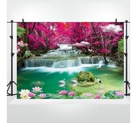 Bovlleetd 2.7x1.8m Toile de fond de cascade de forêt, lac vert, arbres rouges, lotus en fleurs, paysage naturel, photographie, cascade, cygne, grue, bannière, accessoires de tournage en studio, vinyle