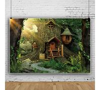 Bovlleetd 220x150cm forêt Arbre Maison Photographie Fond Magique Conte de fées forêt Vert Arbre géant Toile de Fond Soleil Pierre Route Fond pour Photo Studio Accessoires