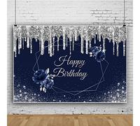 Bovlleetd 220x150cm Joyeux Anniversaire Photographie Fond Bleu Argent Scintillant Toile De Fond GéOméTrique Guirlande Photographie Toile De Fond pour FêTe d'anniversaire DéCoration