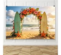 Bovlleetd 3.6x1.8m Arrière-Plan de Photographie Florale de Planche de Surf de Plage ensoleillée, Arche d'hibiscus Tropicale avec océan et Rivage Sablonneux, pour fêtes d'été et décor de Table