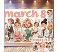 Bovlleetd 3,6x1,8m Fond 8 Mars Journée des Femmes Divers Rôles Professionnels & Décor Pastel Fond Photo Table Cosy & Texte March 8" Accessoires Thème Émancipateur Accessoires Studio Photo