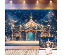 Bovlleetd 3,6x1,8m Fond d'anniversaire Carnaval d'hiver Pavillon de Cirque Festif, Lumières Scintillantes Forêt enneigée Décor Rouge & Sarcelle, Thème Vacances Magique, Accessoires de Studio Photo
