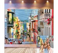 Bovlleetd 3,6x1,8m Fond d'anniversaire Vieille Ville San Juan Balcons coloniaux colorés, Rue pavée Vue côtière, Thème Architecture caraïbe vibrante, Accessoires de Studio Photo