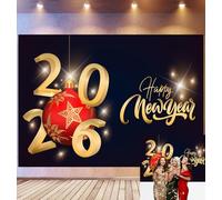 Bovlleetd 3,6x1,8m Fond de célébration de Bonne Nouvelle année 2026 scène Or 3D Chiffres Rouge Ornement Salutation Fond Scintillant pour Le Nouvel an Festival Party Décor Photo Booth Props