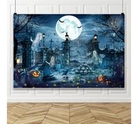 Bovlleetd 3.6x1.8m Toile de Fond cimetière Halloween, arrière-Plan Photo cimetière Effrayant avec Lune Pleine, Citrouille et Chauve-Souris pour fête Halloween, séance Photo Horreur, Nuit d'halloween