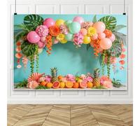 Bovlleetd 3.6x2.5m Arrière-Plan Arche Ballons Estival Tropical, Ballons Rose et Menthe, Feuilles de Monstera et Fruits pour fêtes hawaïennes, Anniversaires et Photographies