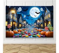 Bovlleetd 3.6x2.5m Arrière-Plan Rue de Village Halloween Mignonne, Grande Pleine Lune Fantôme Chauve-Souris Citrouille Lumineuse Sucette Bonbons Toile d’araignée Village Nocturne, Décor Photobooth