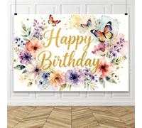 Bovlleetd 3.6x2.5m Fond d'anniversaire Papillons et Fleurs,Fond Couronne de Fleurs Aquarelle avec Happy Birthday doré, pour Baby Shower,bannière de Photographie d'anniversaire de Fille