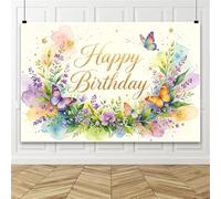 Bovlleetd 3.6x2.5m Fond d'anniversaire Papillons,Fond de Photographie Fleurs Rose et Violet avec Papillons,pour décoration d'anniversaire de Femmes et Filles,Fournitures de Table de gâteau