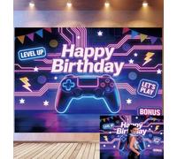 Bovlleetd 3,6x2,5m Fond de Scène Anniversaire Gaming Level Up Manette Néon Accents Art Pixel Joyeux Anniversaire Thème Gamer Accessoires Studio Photo Fête Cyberpunk