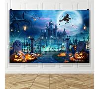 Bovlleetd 3.6x2.5m Toile de Fond château sorcière Halloween, arrière-Plan Photo Balai sorcière Effrayant avec Lune Pleine, Citrouille et cimetière pour fête Halloween, séance Photo Horreur