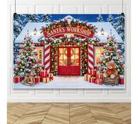 Bovlleetd 3x2.5m Arrière-Plan Atelier du Père Noël de Noël, scène hivernale enneigée, Sapin de Noël et Bonhomme de Neige, arrière-Plan Photo, Banderole et Accessoires déco pour fête de Vacances